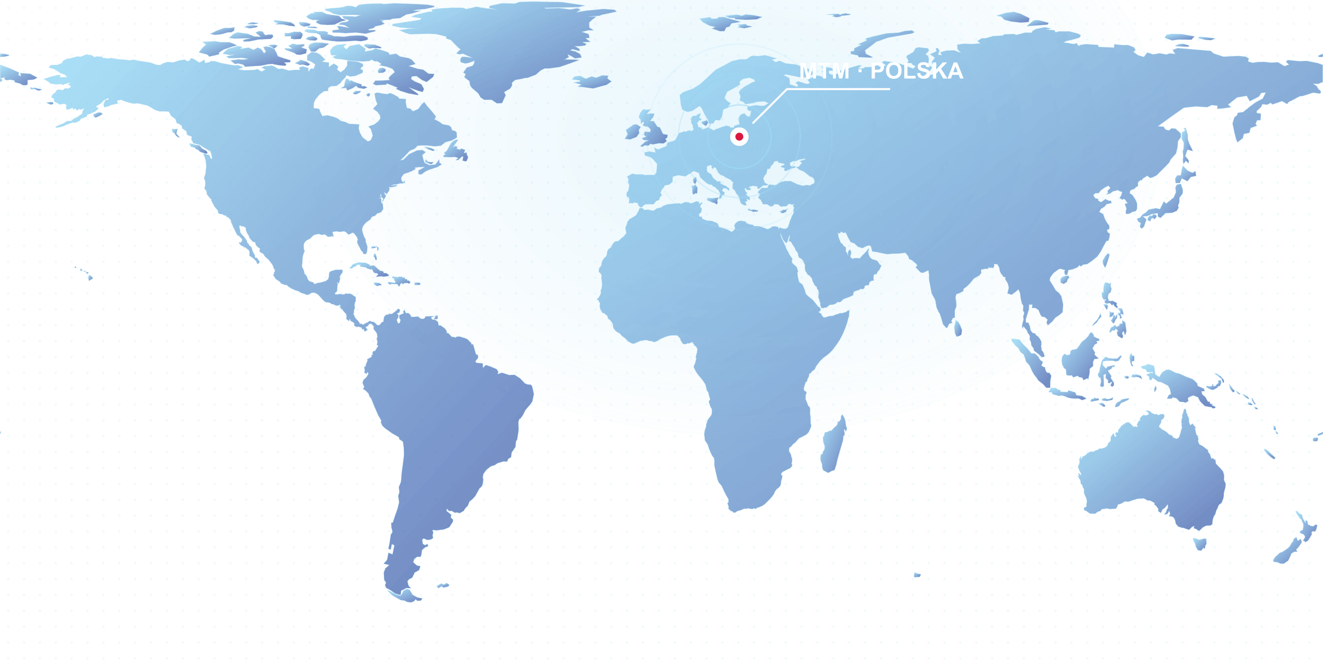 Mapa świata z siedzibą MTM w Polsce; ilustracja międzynarodowej skali działalności.